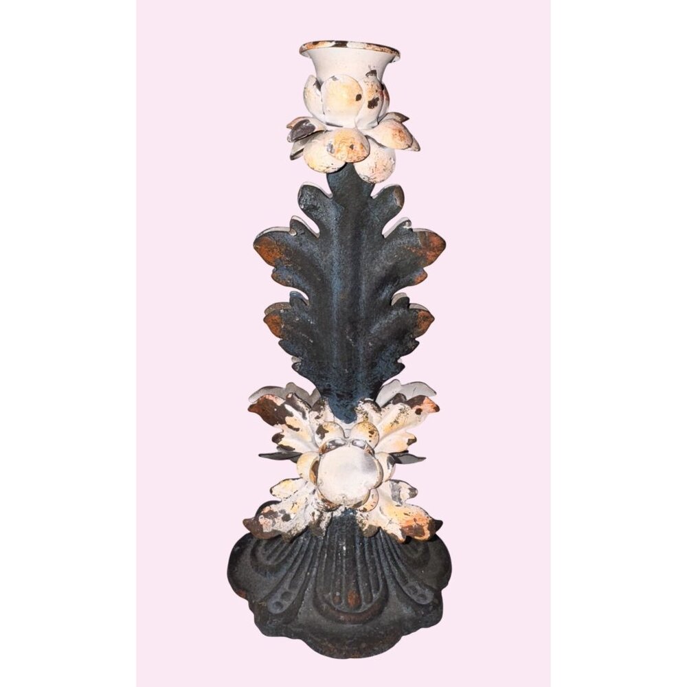 Vintage Metal Floral Candle Holder 12" Shabby Chic Distressed Finish - Picture 4 of 7